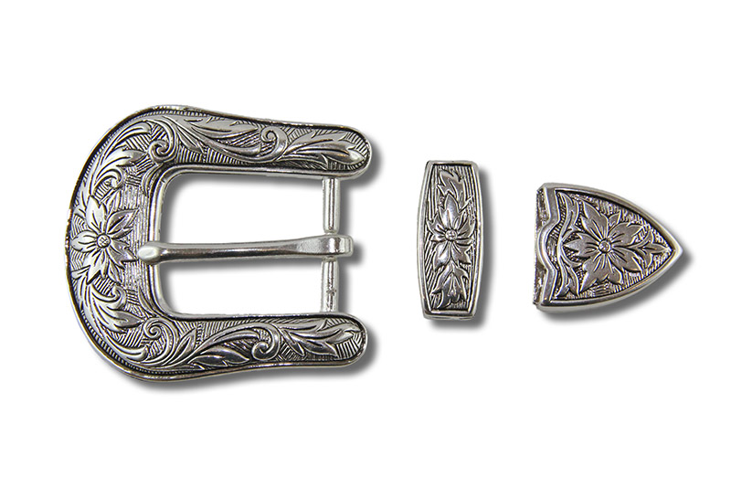 Belt Buckle Set, Floral, antique silver